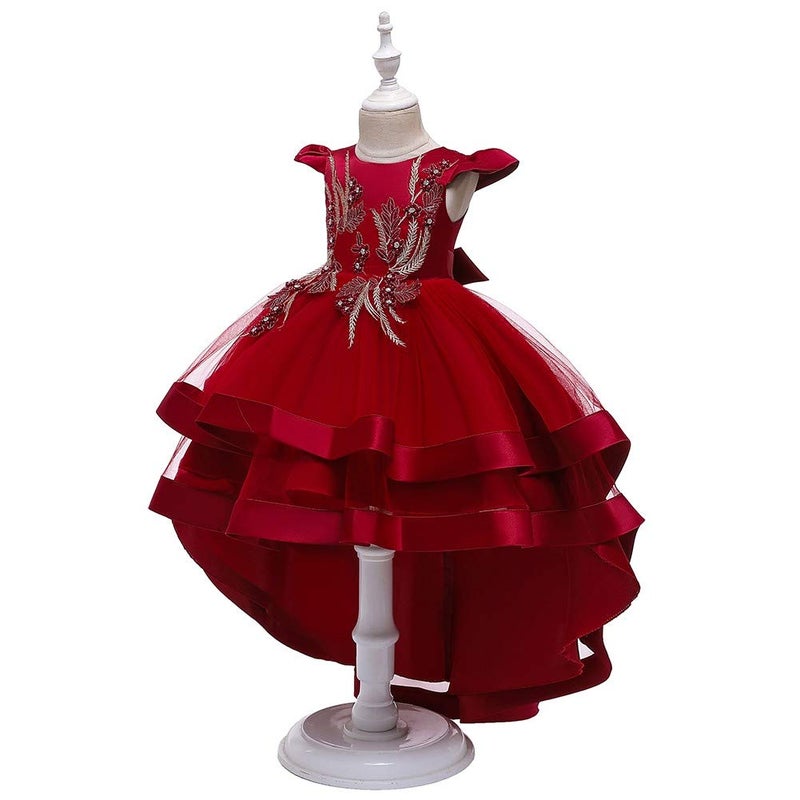 HIHCBF Little Big Girls Flower High Low Tulle Dress Princess Wedding Pageant Birthday Party Formal Evening Dance Ball Gown Deep Red 3-4T - Image 3